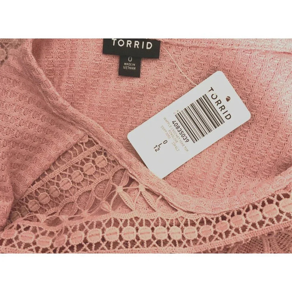 Torrid 0 Pink Textured Sheer Open Mesh Lace Detail Crew Neckline Long Sleeve Top - Picture 6 of 6